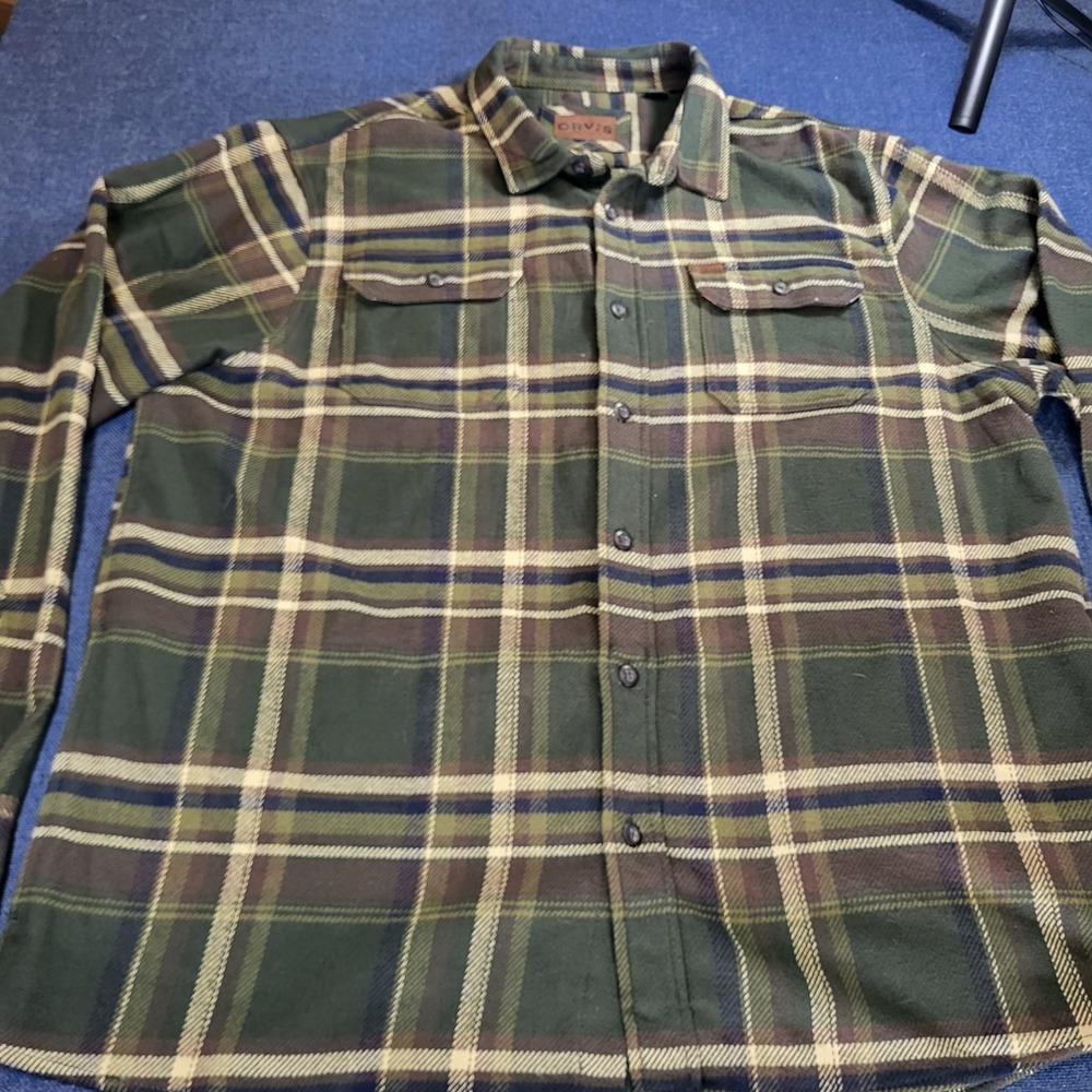 Orvis Mens XXL Green Plaid Fleece Lined Flannel Shirt Jacket Button Down Pockets